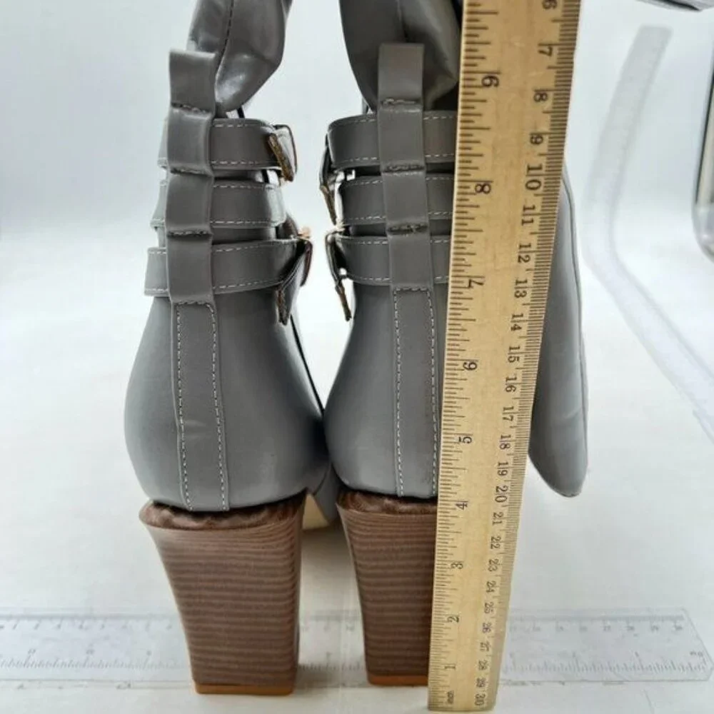 FSJ Women Fashion Knee High Long Boots Pull On Closed Toe Chunky Mid Heel Grey